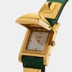 Hermes White Gold Plated Stainless Steel Leather Medor ME1.201 Women's wristwatch 23 mm