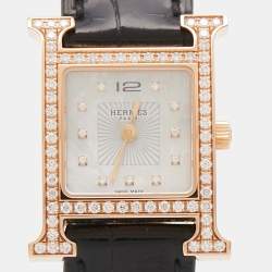 Hermès Mother Of Pearl 18K Rose Gold Diamond Alligator Leather Heure H HH1.271 Women's Wristwatch 21 mm