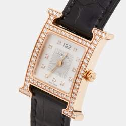 Hermès Mother Of Pearl 18K Rose Gold Diamond Alligator Leather Heure H HH1.271 Women's Wristwatch 21 mm