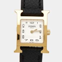 Pre Owned Hermes White Yellow Gold Plated stainless Steel Leather Heure H HH1.101 Women's Wristwatch 17 mm