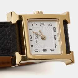 Pre Owned Hermes White Yellow Gold Plated stainless Steel Leather Heure H HH1.101 Women's Wristwatch 17 mm