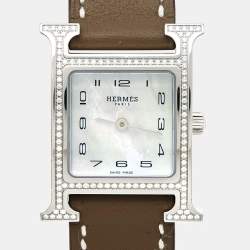 Hermes Mother of Pearl Stainless Steel Diamonds Leather Heure H HH1.235 Women's Wristwatch 21 mm