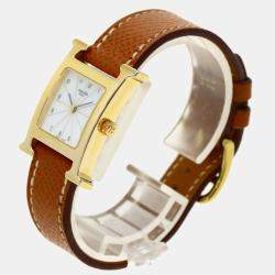 Hermes White Yellow Gold Plated Stainless Steel Heure H HH1.201 Women's Wristwatch 21 mm