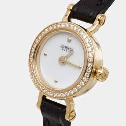 Hermes White 18k Yellow Gold Diamond Calfskin Faubourg W049308WW00 Women's Wristwatch 15 mm