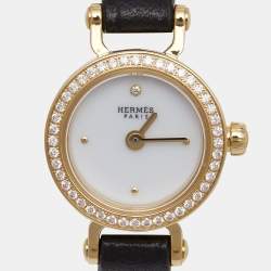 Hermes White 18k Yellow Gold Diamond Calfskin Faubourg W049308WW00 Women's Wristwatch 15 mm