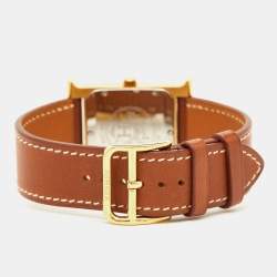 Pre Owned Hermes White Dial Yellow Gold Plated Stainless Steel Leather Heure H HH1.501 Women's Wristwatch 26 mm