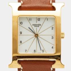 Pre Owned Hermes White Dial Yellow Gold Plated Stainless Steel Leather Heure H HH1.501 Women's Wristwatch 26 mm