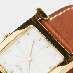 Pre Owned Hermes White Dial Yellow Gold Plated Stainless Steel Leather Heure H HH1.501 Women's Wristwatch 26 mm