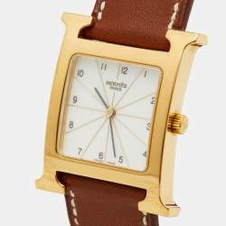 Pre Owned Hermes White Dial Yellow Gold Plated Stainless Steel Leather Heure H HH1.501 Women's Wristwatch 26 mm