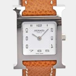 Hermes White Stainless Steel Calfskin Leather Heure H 036702WW00 Women's Wristwatch 21 mm