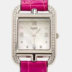 Hermes Mother Of Pearl Diamond Stainless Steel Alligator Leather Cape Cod CC1.232 Women's Wristwatch 23 mm