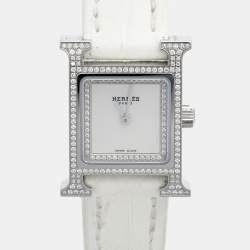 Hermès Mother Of Pearl Diamond Stainless Steel Alligator Leather Heure H W057250WW00 Women's Wristwatch 17 mm