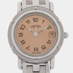 Hermes Pink Stainless Steel Clipper CL4.210 Quartz Women's Wristwatch 24 mm