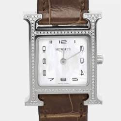 Pre Owned Hermes Mother of Pearl Diamond Stainless Steel Alligator Leather Heure H W053236WW00 Women's Wristwatch 21 mm