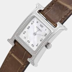 Pre Owned Hermes Mother of Pearl Diamond Stainless Steel Alligator Leather Heure H W053236WW00 Women's Wristwatch 21 mm