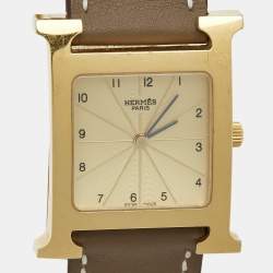 Pre Owned Hermès  Champagne Gold Plated Stainless Steel Leather Heure H HH1.501 Women's Wristwatch 26 mm