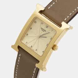 Pre Owned Hermès  Champagne Gold Plated Stainless Steel Leather Heure H HH1.501 Women's Wristwatch 26 mm