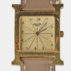 Pre Owned Hermès  Champagne Gold Plated Stainless Steel Leather Heure H HH1.501 Women's Wristwatch 26 mm