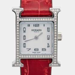 Hermès Mother of Pearl Stainless Steel Diamond Alligator Heure H Mini HH1.131 Women's Wristwatch 17 mm