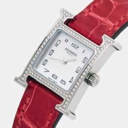 Hermès Mother of Pearl Stainless Steel Diamond Alligator Heure H Mini HH1.131 Women's Wristwatch 17 mm
