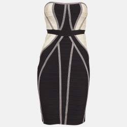مملوكة مسبقًا Herve Leger Black/White Knit Frederique Bandage Dress M