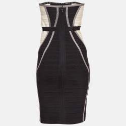مملوكة مسبقًا Herve Leger Black/White Knit Frederique Bandage Dress M
