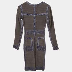 Pre Owned Herve Leger Grey/Blue Beaded Knit Bandage Keslyn Dress XS