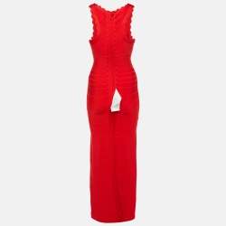 Pre Owned Herve Leger Red Knit Clarissa Maxi Bandage Dress XS