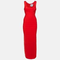 Pre Owned Herve Leger Red Knit Clarissa Maxi Bandage Dress XS