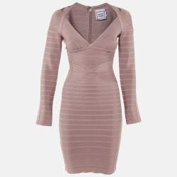 Pre Owned Herve Leger Dusty Pink Knit Florencia Bandage Mini Dress S