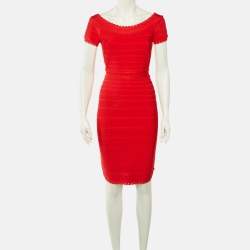 مملوكة مسبقًا Herve Leger Red Jersey Aubree Midi Dress M