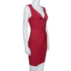 Pre Owned Herve Leger Lipstick Red Sleeveless Darby Bandage Dress S