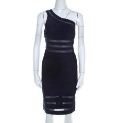 Herve Leger Navy Blue Knit and Mesh Insert One Shoulder Lara Bandage Dress M 