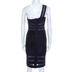 Herve Leger Navy Blue Knit and Mesh Insert One Shoulder Lara Bandage Dress M 