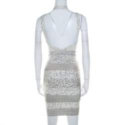 Pre Owned Herve Leger Dove Grey Multi Print Paneled Halter Bandage Dress XS