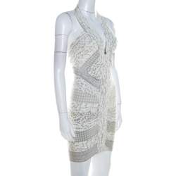 Pre Owned Herve Leger Dove Grey Multi Print Paneled Halter Bandage Dress XS