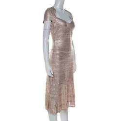 Pre Owned Herve Leger Rose Gold Bandage Sweetheart Neckline Emilia Dress M 
