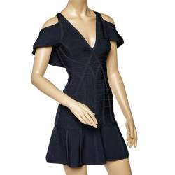 Pre Owned Herve Leger Navy Blue Knit Flared Bandage Mini Dress XS
