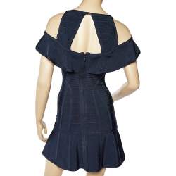 Pre Owned Herve Leger Navy Blue Knit Flared Bandage Mini Dress XS
