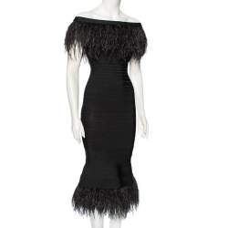 Pre Owned Herve Leger Black Bandage Ostrich Feather Trimmed Off Shoulder Dress XS