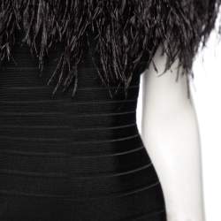 Pre Owned Herve Leger Black Bandage Ostrich Feather Trimmed Off Shoulder Dress XS