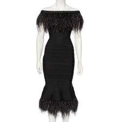 Pre Owned Herve Leger Black Bandage Ostrich Feather Trimmed Off Shoulder Dress XS