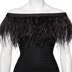 Pre Owned Herve Leger Black Bandage Ostrich Feather Trimmed Off Shoulder Dress XS