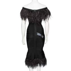 Pre Owned Herve Leger Black Bandage Ostrich Feather Trimmed Off Shoulder Dress XS