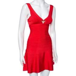 Pre Owned Herve Leger Coral Pink Bandage Kyra Mini Dress XS