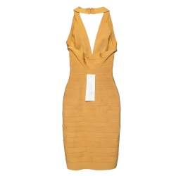 Pre Owned Herve Leger Gold Knit Tonal Panel Detail Halter Neck Lilou Dress XS