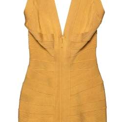 Pre Owned Herve Leger Gold Knit Tonal Panel Detail Halter Neck Lilou Dress XS