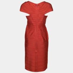 Herve Leger Red Knit Cap-Sleeve Bandage Dress L