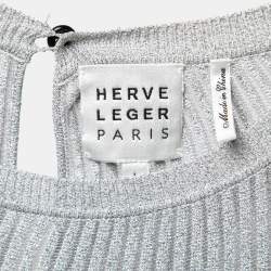 Pre Owned Herve Leger Silver Metallic Lurex-Knit Bandage Mini Dress L