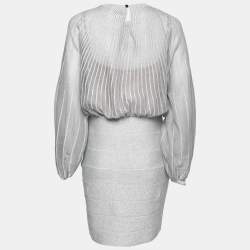 Pre Owned Herve Leger Silver Metallic Lurex-Knit Bandage Mini Dress L